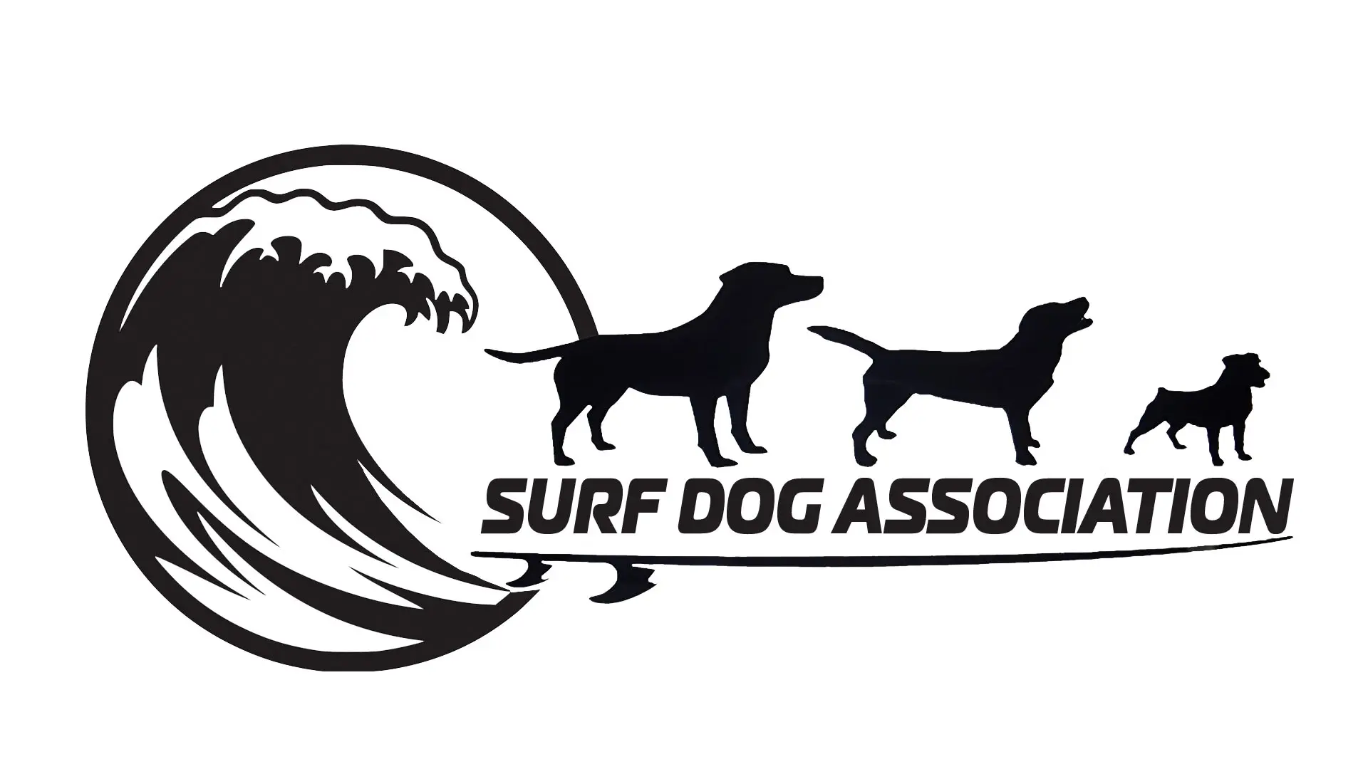 Logo featuring two dogs and a large wave with 'Surf Dog Assoc.' text.
